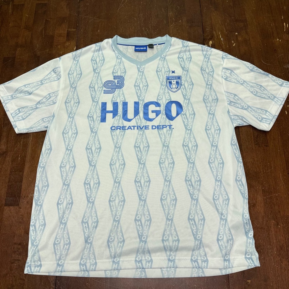 HUGO Boss Jersey Mens L Light Blue Creative Soccer All Over Logo Print Shirt